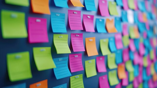 effort hard work and organization, A colorful array of sticky notes on a wall, showcasing various reminders, ideas, or tasks in a vibrant and organized manner.