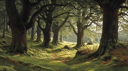Obraz premium Tranquil forest path with lush greenery and towering trees