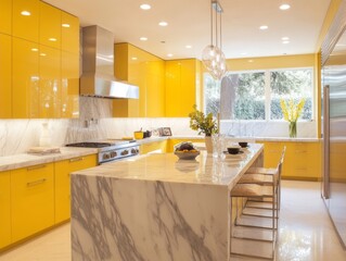 Modern Yellow Kitchen With Marble Island and Stainless Steel Appliances