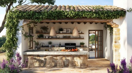 Fototapeta premium Beautiful outdoor kitchen design with rustic charm and modern amenities
