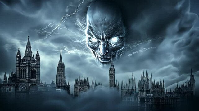 Gothic clocktower cityscape beneath turbulent storm clouds. Massive ethereal wraith face emerges from swirling temporal vortex. 