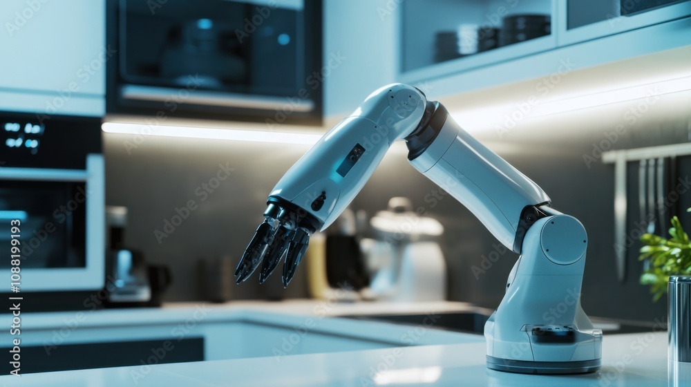Aufkleber a robotic assistant helping in a smart kitchen, modern and sleek kitchen setting with advanced appli