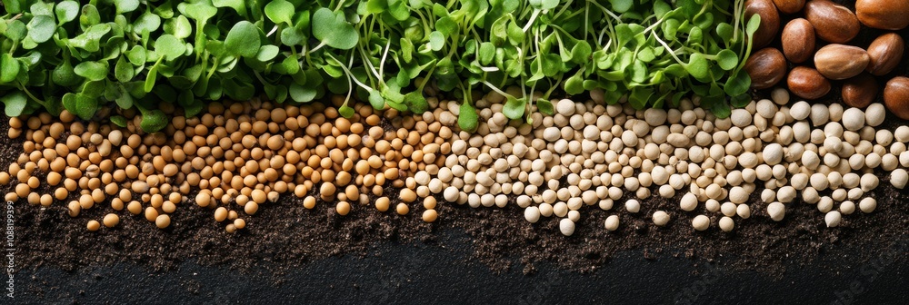 Poster a variety of seeds and fresh sprouts are displayed on a rich soil background, ideal for gardening en