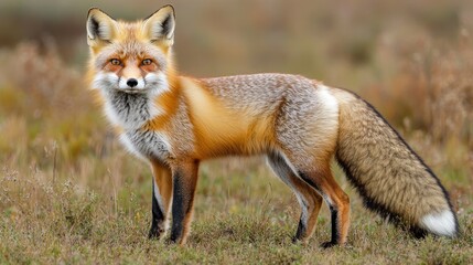 Fototapeta premium Vibrant fox standing in a natural grassy environment