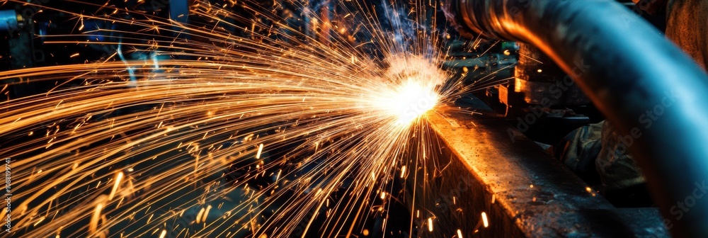 Fototapete skilled workers perform welding tasks in a spacious industrial workshop, creating sparks and showcas