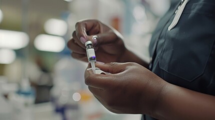 Healthcare professional holding vaccine vial in modern clinic, symbolizing public health efforts and vaccine coverage.	