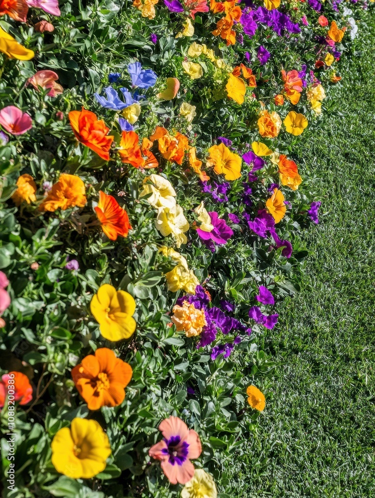 Poster a vibrant display of colorful flowers fills the green meadow, creating a picturesque view during a s