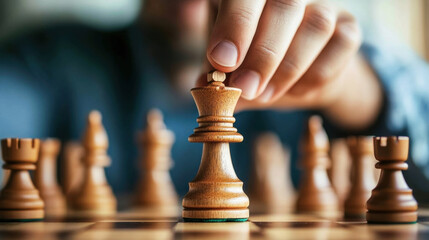 person strategically moves wooden king chess piece on board, showcasing thoughtful game. focus is on hand and piece, emphasizing importance of strategy in chess