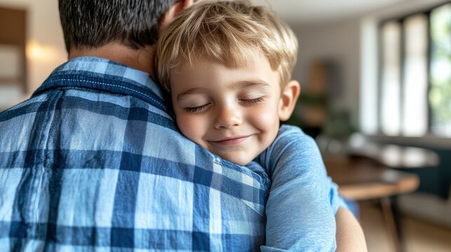 A child embraces their parent in a cozy indoor setting