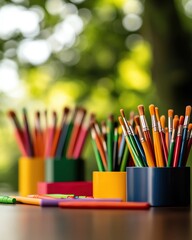 Vibrant collection of paintbrushes and colored pencils in organized containers outdoors.