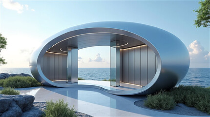 Fototapeta premium A futuristic building located on the beach.