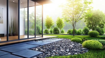 Obraz premium Serene garden view with modern architecture and natural elements