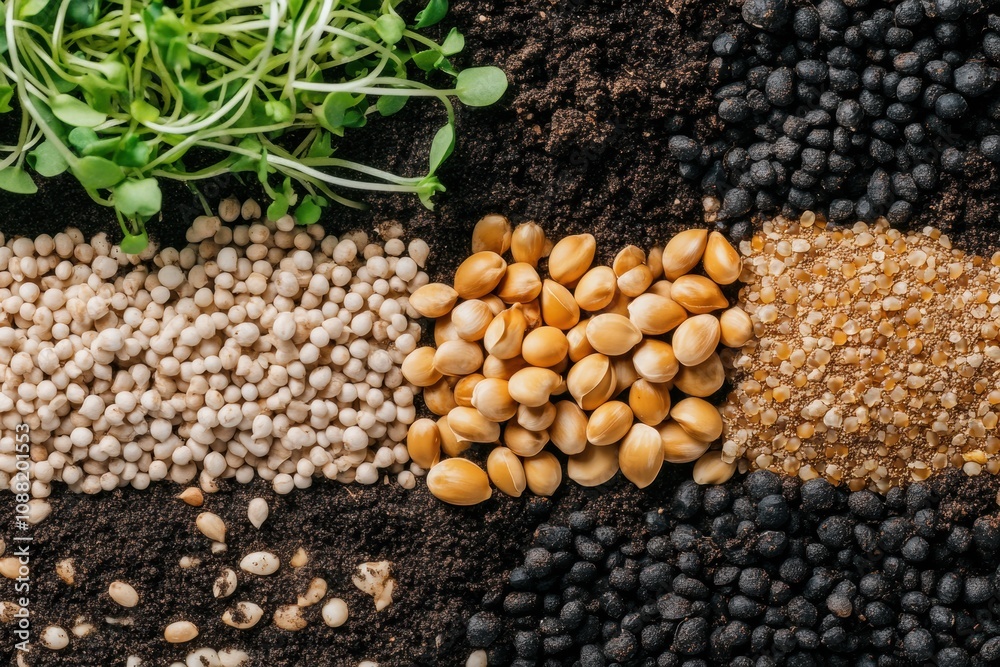 Poster a variety of seeds alongside healthy sprouts are displayed on dark soil, emphasizing the importance 
