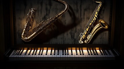 Concert poster with illuminated piano keys and a saxophone framed by dramatic shadows ,