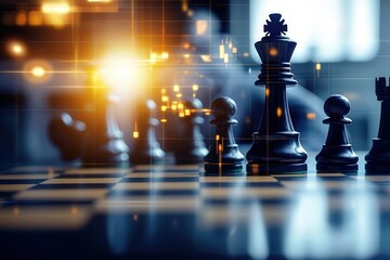 A close-up of a chessboard with black pieces, illuminated by a warm glow, highlighting the strategic game in an artistic, modern setting.