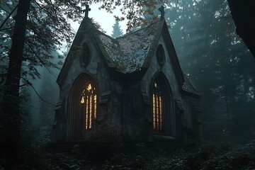 Obraz premium A mysterious, moss-covered chapel surrounded by foggy forest, illuminated by soft light.