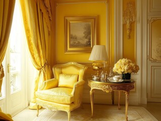 Luxurious Yellow Room Interior With Gilded Furniture