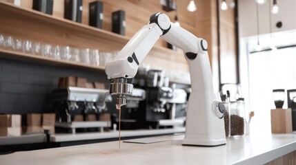 Fototapeta premium A robotic barista crafting artisanal coffee in a minimalist caf茅, chic and modern setting with specialty coffee beans and minimalist d茅cor, Artisan Coffee Robotics style
