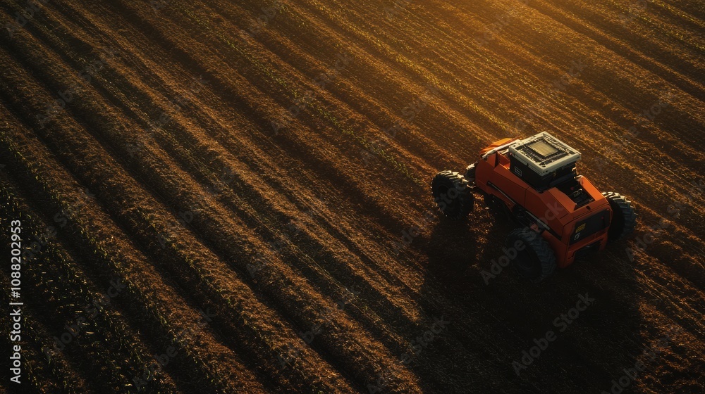 Poster robotic machines are actively planting crops on a farm during sunset, enhancing efficiency and moder