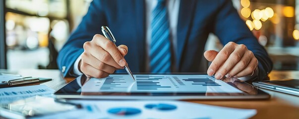 A business professional reviews data on a tablet while analyzing charts and graphs, showcasing modern financial analytics.