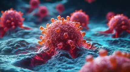 A close-up rendering of a virus, showcasing its intricate structure and vibrant colors against a textured background.