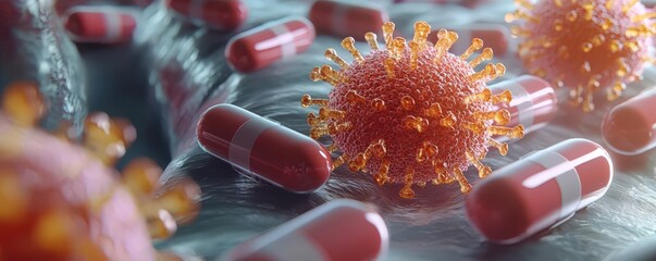 A vibrant depiction of a virus surrounded by red capsules, representing the interaction between pathogens and medication.