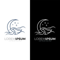 combination of moon and sea wave logo, line style