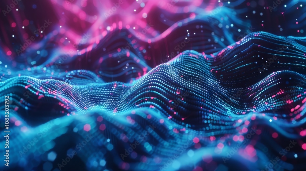 Poster digital data flows and forms abstract futuristic waves with blue and pink particles, creating a dyna