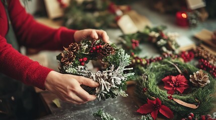 Diy christmas craft session with participants home workshop cozy environment close-up view creative ideas