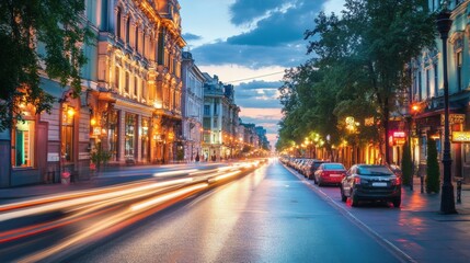 The bustling city street comes alive in the evening as car lights blur while buildings glow, creating a captivating urban atmosphere. Generative AI