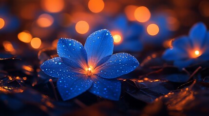 Glowing blue flower with dew drops at night.