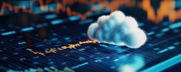 A digital representation of cloud computing overlaid on financial data, illustrating the intersection of technology and finance.