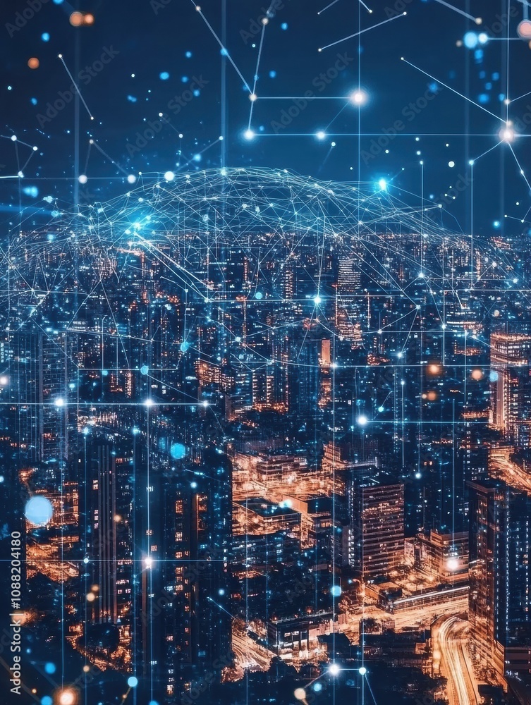 Aufkleber this smart city showcases illuminated buildings connected through a dynamic ai network, highlighting