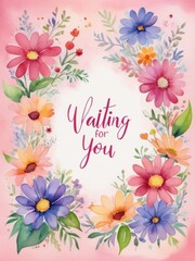 "Waiting for You" greeting card with romantic pink watercolor flowers