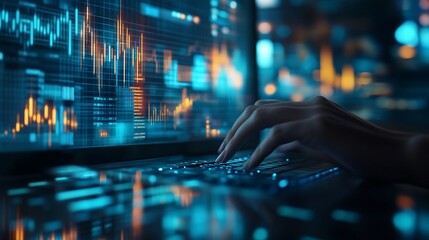 Close-up of hands typing on laptop displaying financial data.