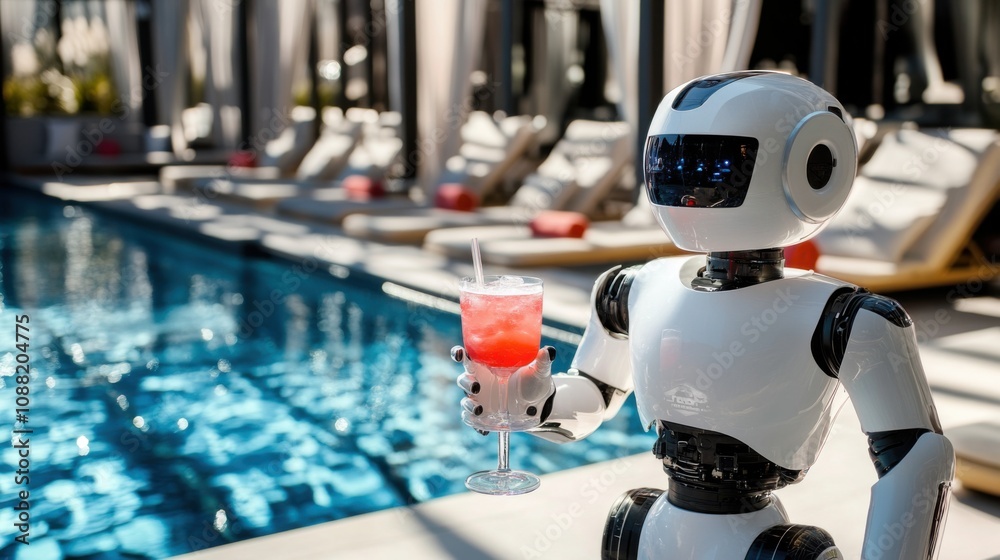 Poster a robotic butler serving drinks at a luxury poolside, upscale and relaxing environment with pool and