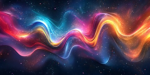Fototapeta premium Vibrant, colorful energy waves flow through a cosmic, starry backdrop.