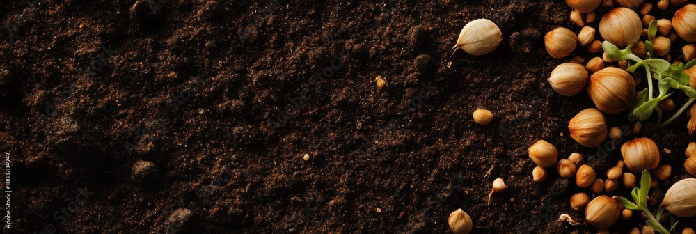 Poster Seeds and fresh sprouts rest gently on rich dark soil, symbolizing new beginnings and the promise of growth in a garden setting. Generative AI