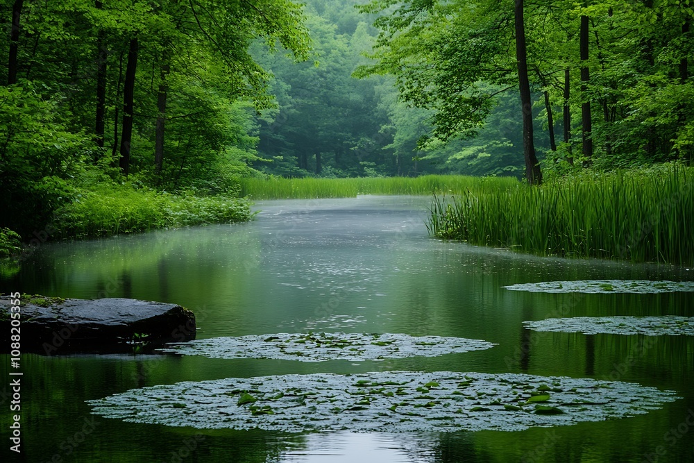 Aufkleber Serene Forest Lake with Lush Green Trees and Calm Reflective Waters in Tranquil Natural Setting : Generative AI