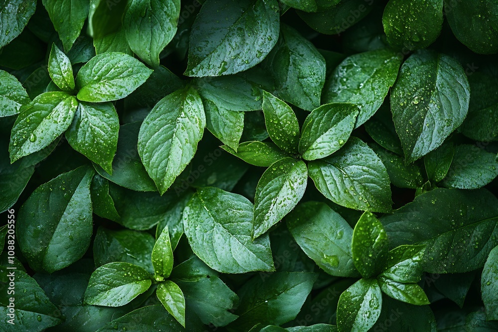 Poster lush greenery of fresh wet leaves in a natural forest setting : generative ai