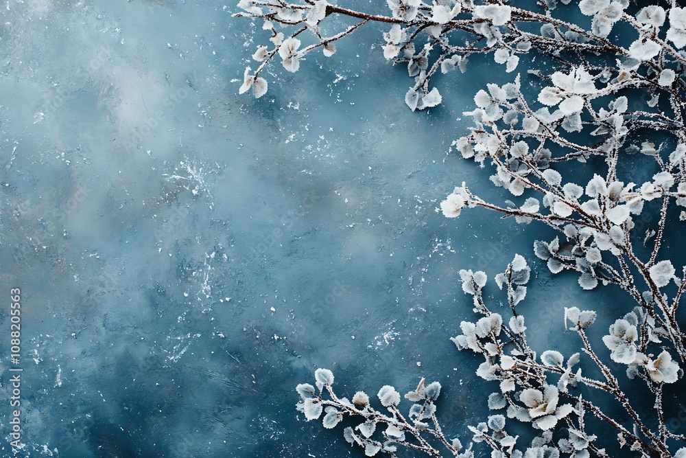 Aufkleber winter frost-covered branches on icy textured background : generative ai