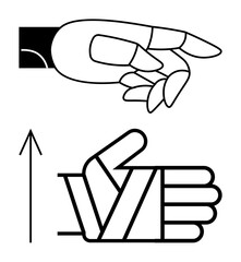 Hand with extended fingers and another hand with wrapped thumb beneath upward arrow. Ideal for medical, instruction, health, safety, emergency, education, signage themes. Line metaphor