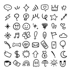 Hand drawn emoji symbol icon. Black. Such as stars, hearts, silver, crown, sun. Separate background colors. illustration, vector
