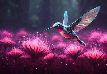 Conceptual illustration of a robotic hummingbird pollinating a field of glowing neon flowers, digital art