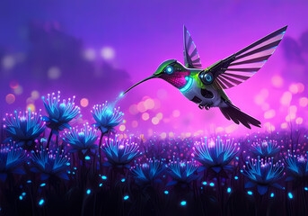 Conceptual illustration of a robotic hummingbird pollinating a field of glowing neon flowers, digital art