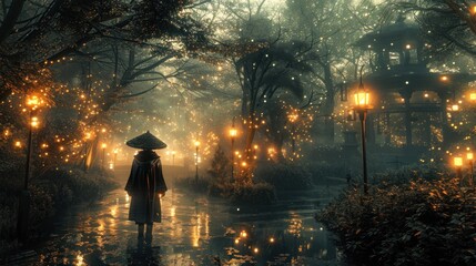 Fototapeta premium Person in robe walks through mystical, lantern-lit forest path.