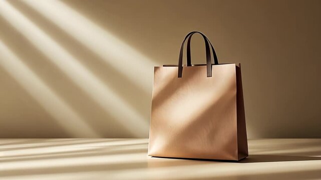 A tan bag is sitting on a table. The bag is open and the handle is visible. The bag is not being used and is just sitting there