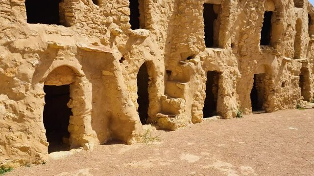 Revealing shot of facades of abandoned Berber fortified village ksar in Tataouine Governorate Tunisia on a sunny hot spring day