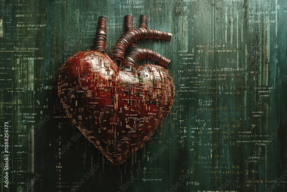 Poster a heart is enveloped in a complex network of digital code, symbolizing the connection between human 