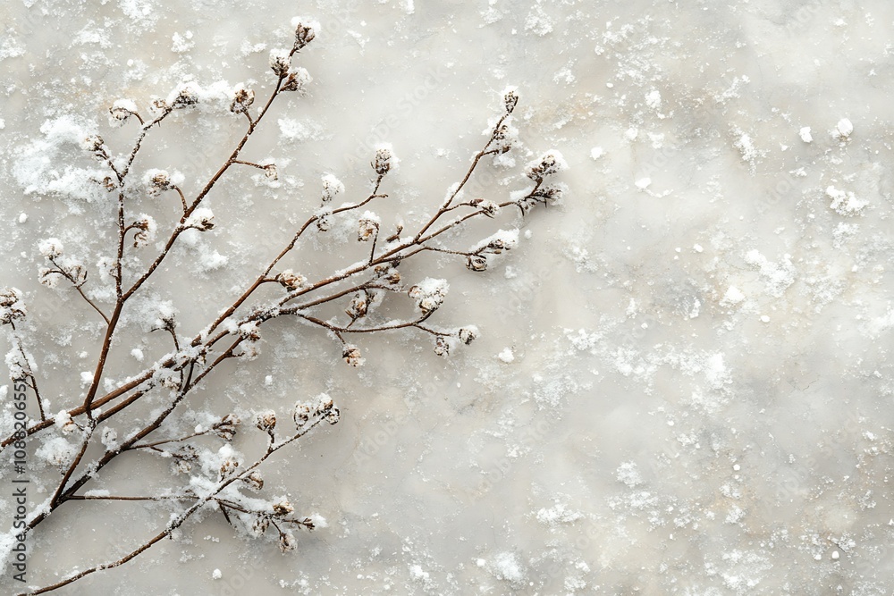 Aufkleber delicate frozen branch with snow on natural wintery background : generative ai